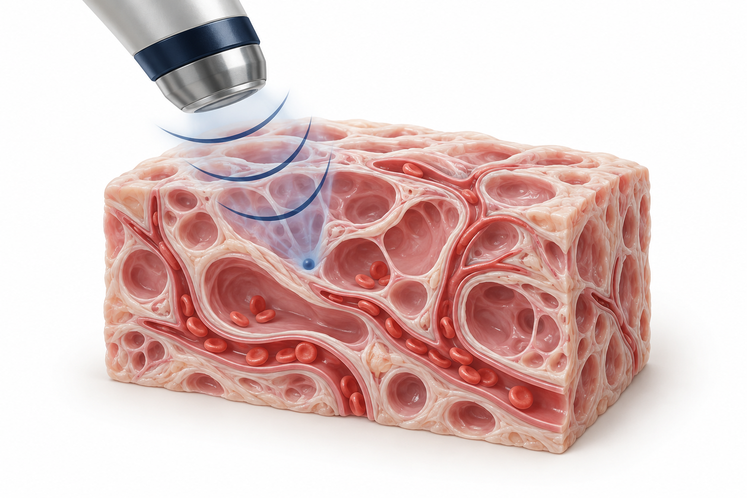Schematic close-up of focused acoustic waves targeting vascular tissue, without external anatomy
