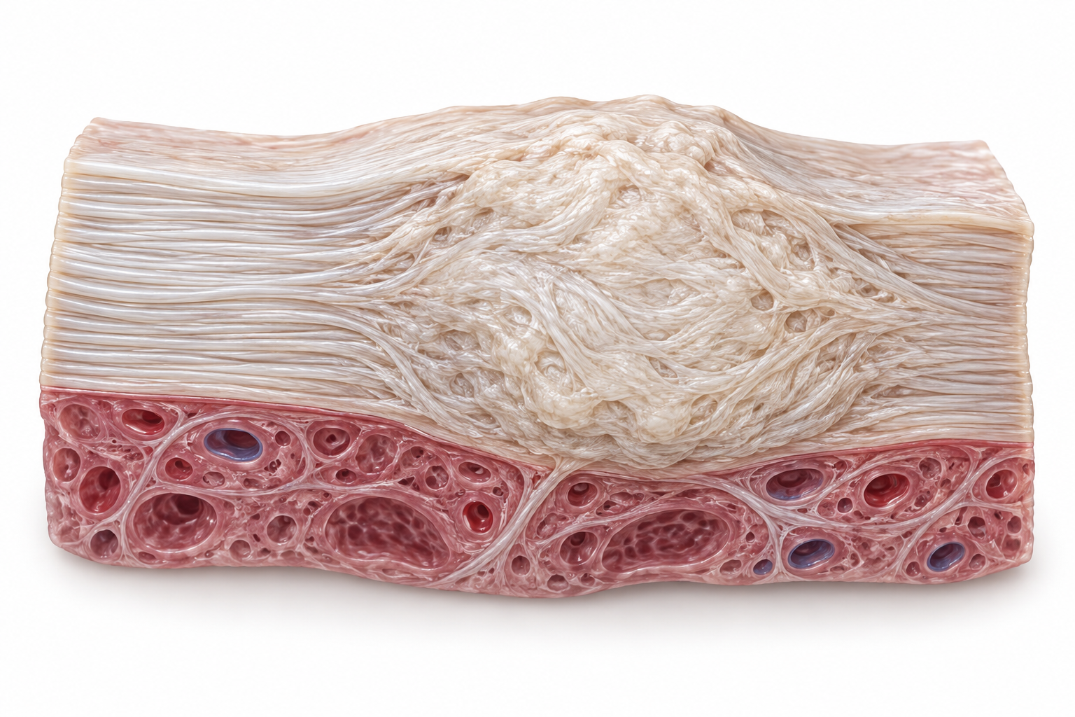Schematic tissue cross-section showing a localized fibrotic plaque within the tunica albuginea