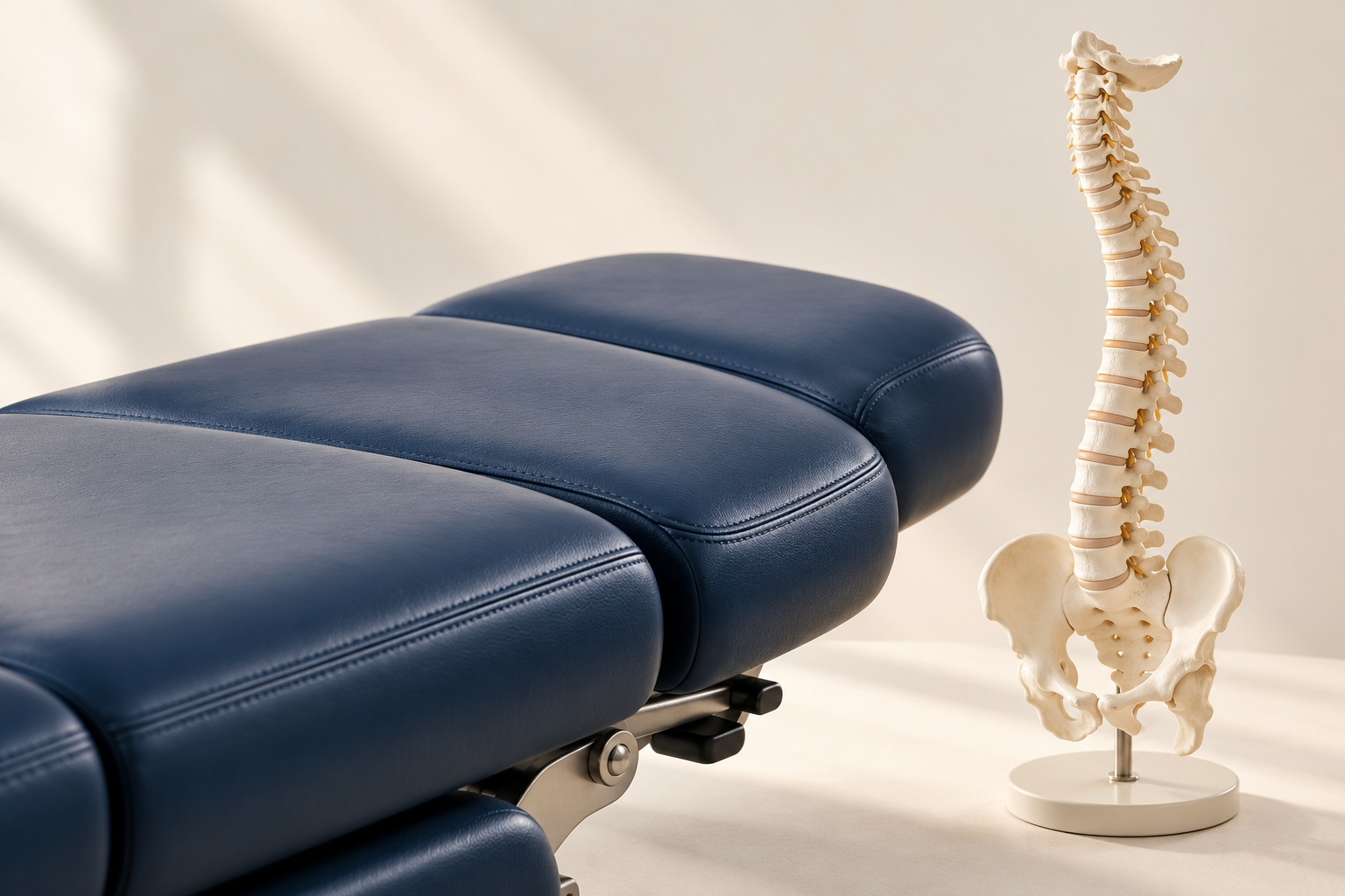 Chiropractic treatment table and anatomical spine model — illustrative image