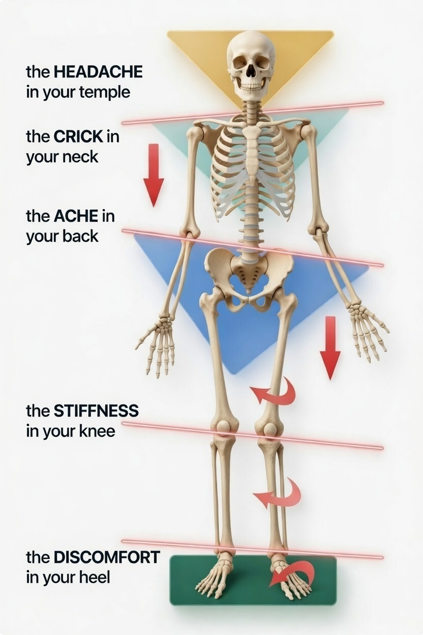 sports injury rehab diagram showing common pain points from headache to heel discomfort