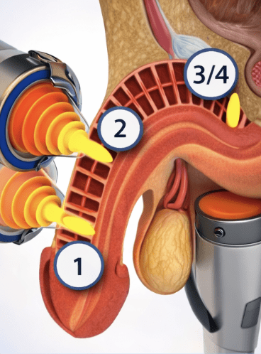 Focused shockwaves directed into the treatment region