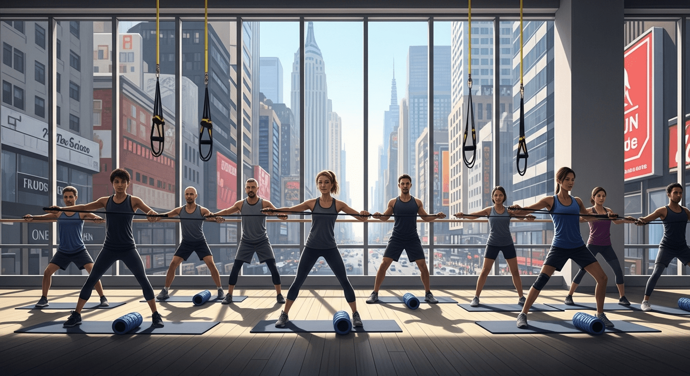 Diverse group performing corrective exercises at NYC rehabilitation center