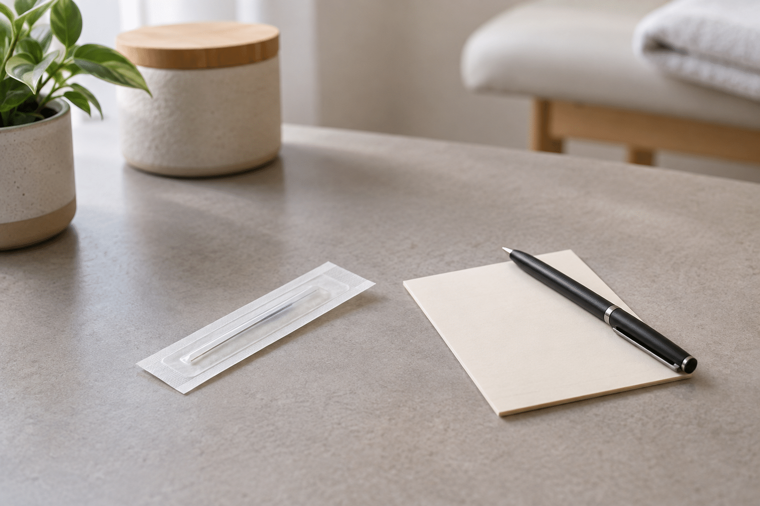 A sealed acupuncture needle package beside a blank appointment card and black pen on a neutral tabletop.